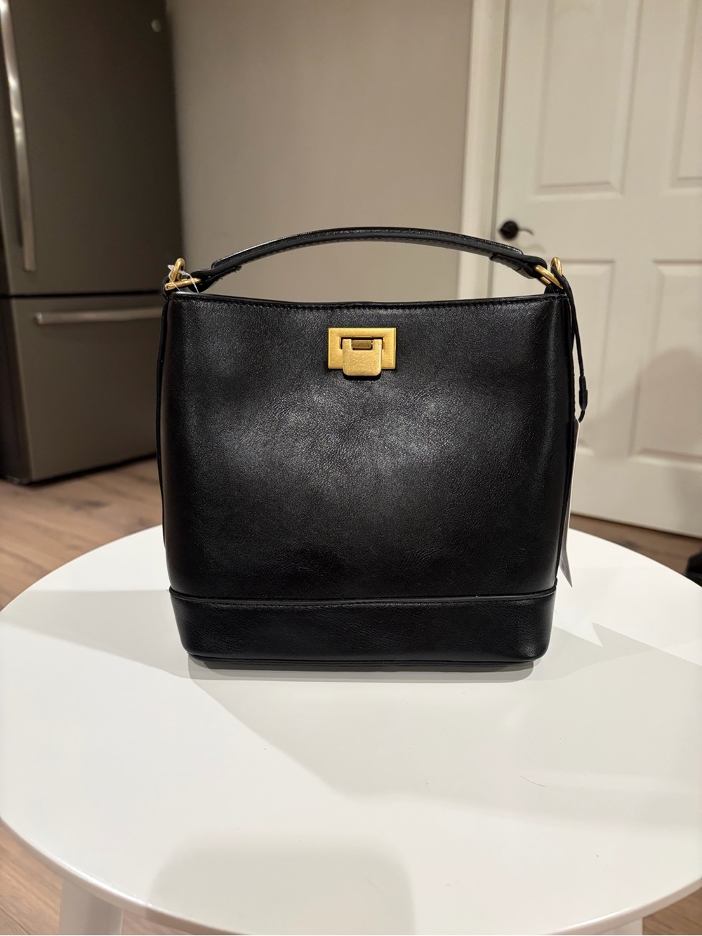 Mango Padlock Mini Black Bucket Shopping Bag, Metallic Gold Hardware